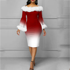 Women's Christmas Long Sleeved Plush High And Low Deep V Off Shoulder Big Swing Dress