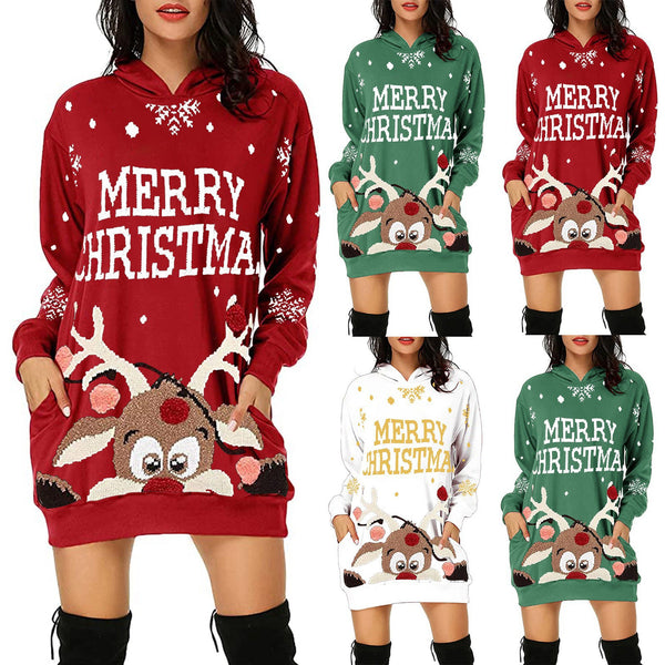 Christmas Women's Printed Mid-length Pocket Hooded Long