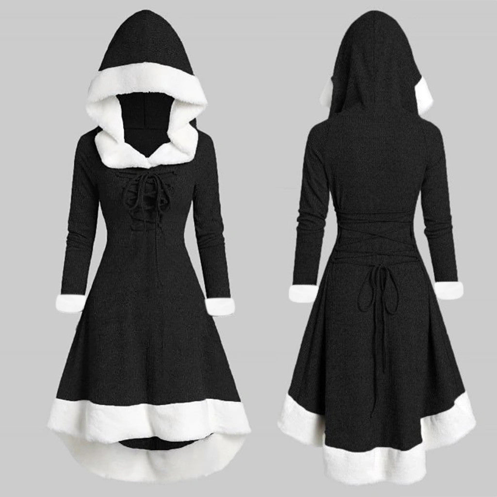 Hooded Stitching Furry Hem Irregular Long Sleeve Lace-up Dress