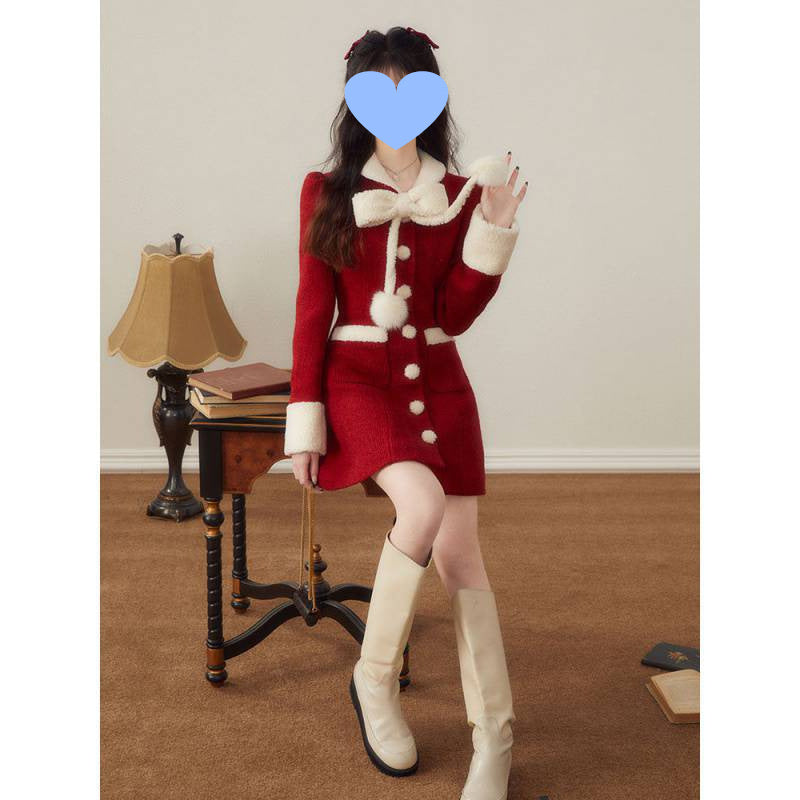 Women's Winter Christmas New Year Red Woolen Coat