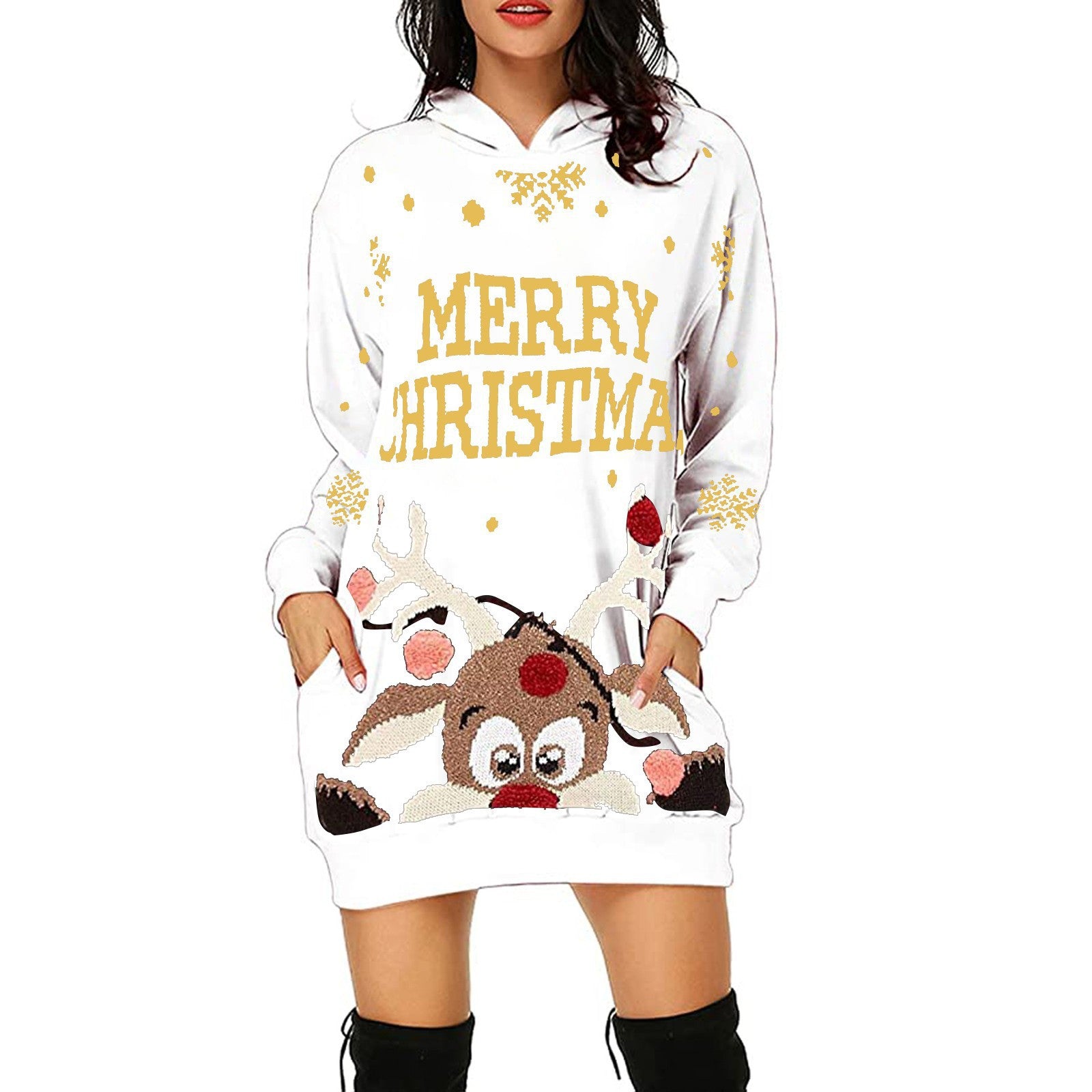 Christmas Women's Printed Mid-length Pocket Hooded Long Sleeve Sweatshirt