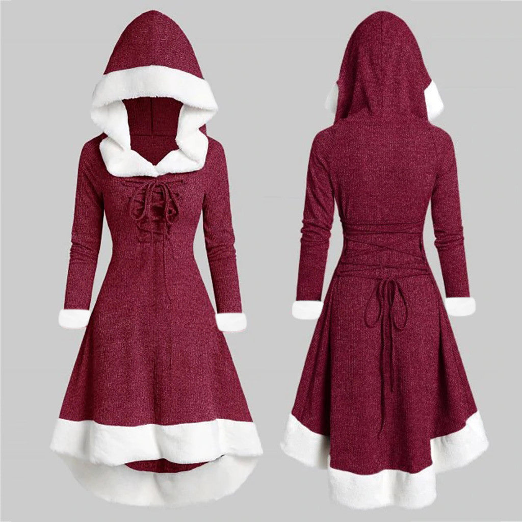 Hooded Stitching Furry Hem Irregular Long Sleeve Lace-up Dress