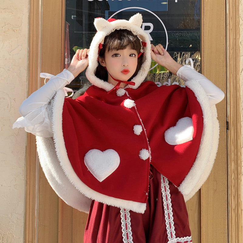 Girl Christmas Short Cloak Warm Cloak Cat Ears Heart-shaped Pocket Hood