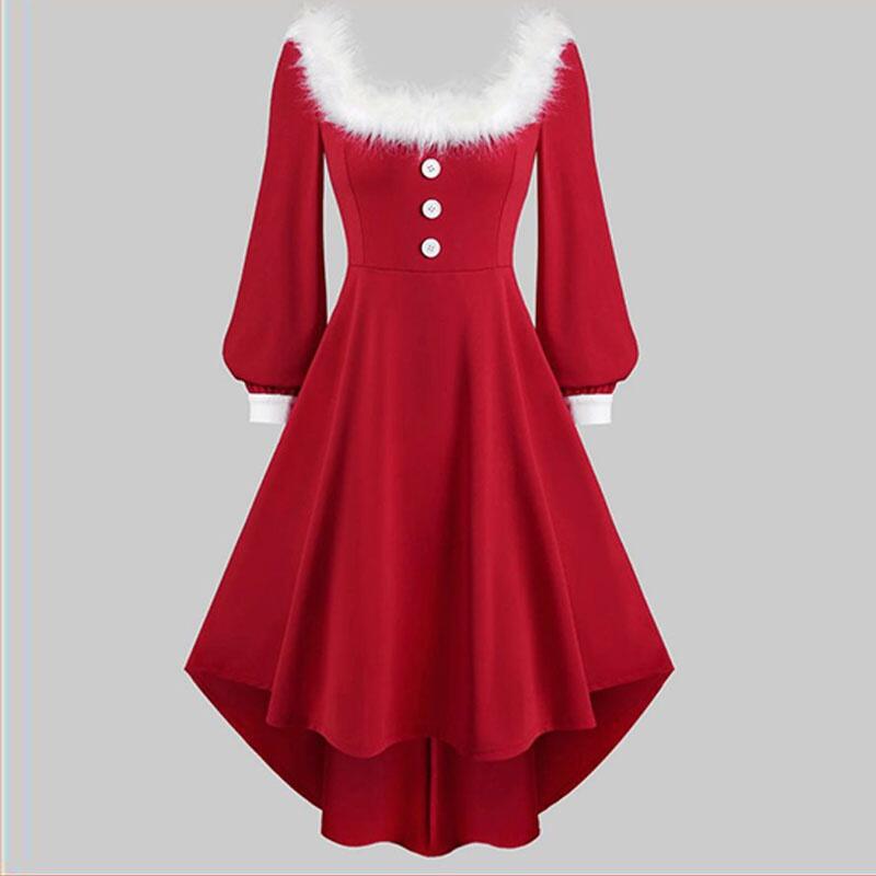 Women's Christmas Long Sleeved Plush High And Low Deep V Off Shoulder Big Swing Dress